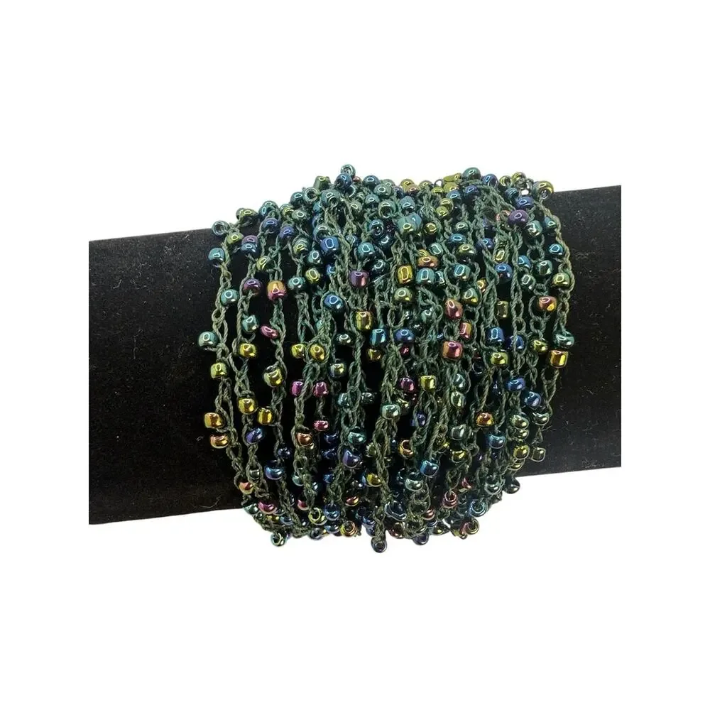 Multistrand Green Beaded Wrap Bracelet with Iridescent Beads